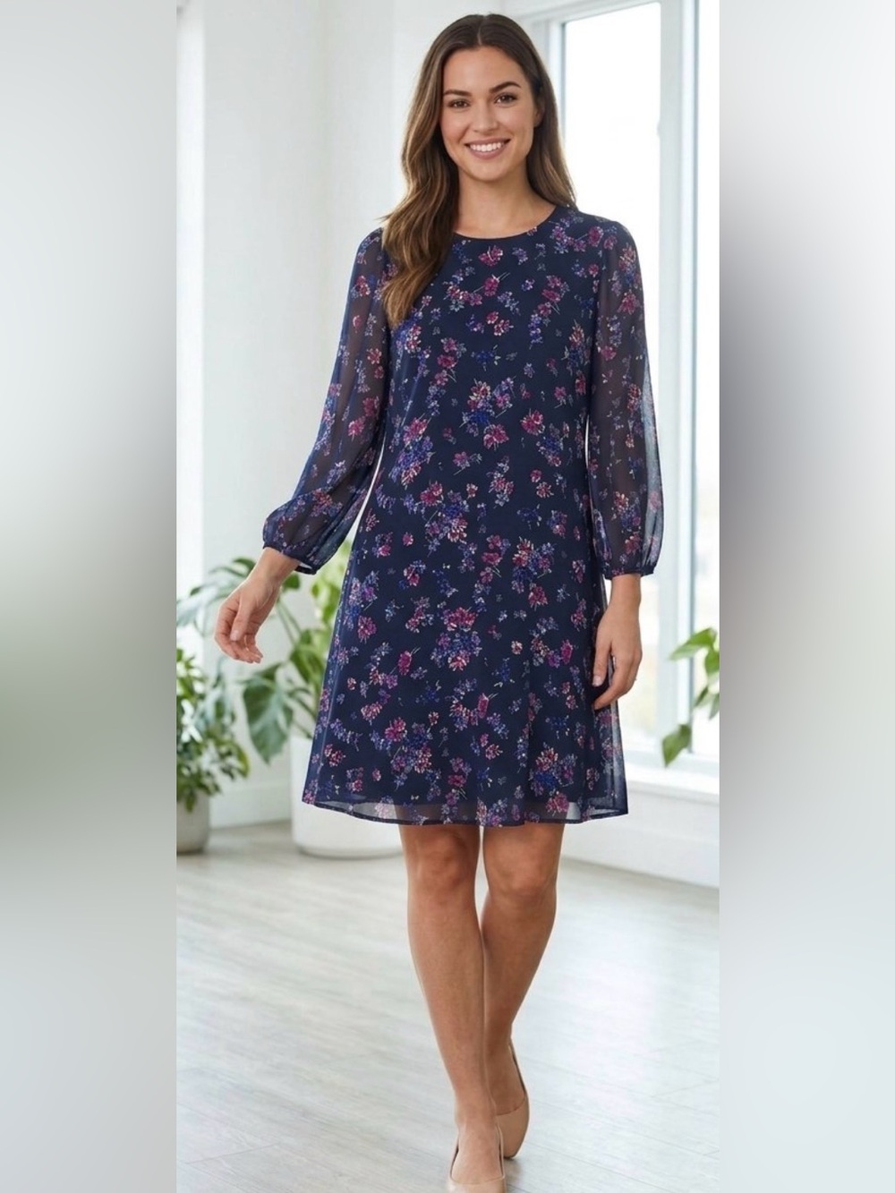 Calvin Klein Navy Floral Chiffon Dress with Pink & Purple Blooms